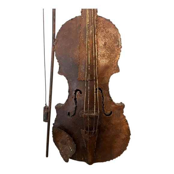 Rustic Vtg Violin Wall Art 21.5" Tall Bow Distressed Metal Design Musical Studio - Picture 6 of 9